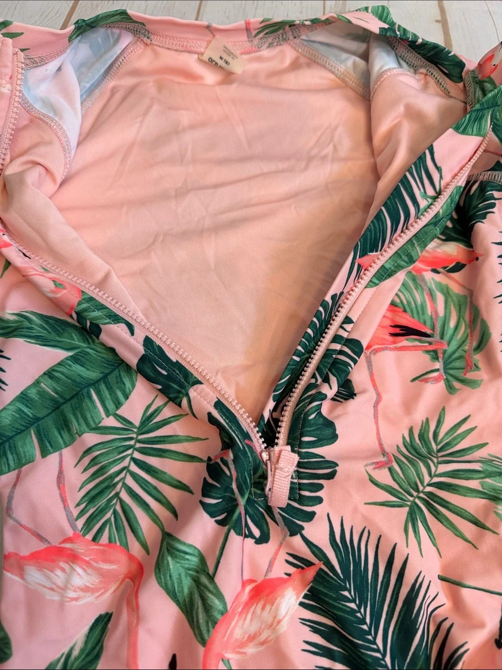 Old Navy Girls' Pink Flamingo & Green Leaf Long-Sleeve One-Piece Swimsuit